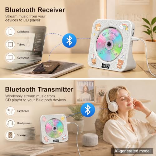 Image of Gueray CD Player Portable Bluetooth Desktop CD Player for Home with Timer Built-in HiFi Speakers with LCD Screen Display Boombox FM Radio USB Type-c (Ivory)