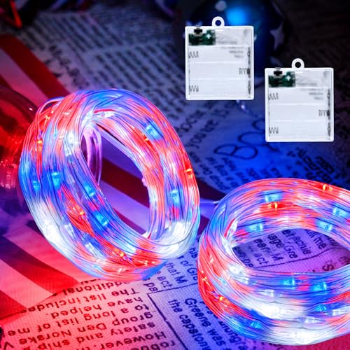 cshare Red White and Blue Fairy Lights Battery Operated, 4th of July Lights with Timer 16.4ft 50LED for 4th of July Independence Day Memorial Day Decorations