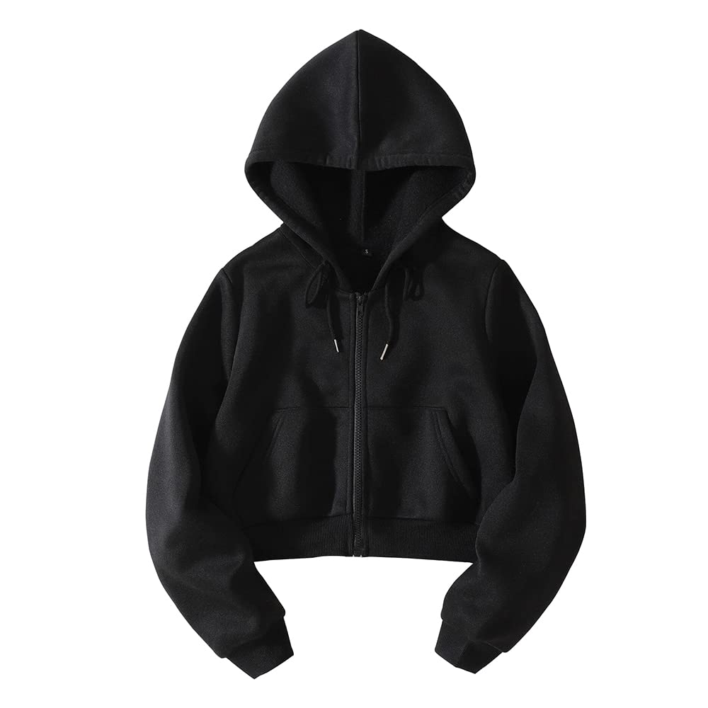 LOFAAC Women Fleece Full Zip Up Cropped Hoodie Sweatshirt 90s Long Sleeve Drawstring Hooded Crop Jacket Top with Pockets