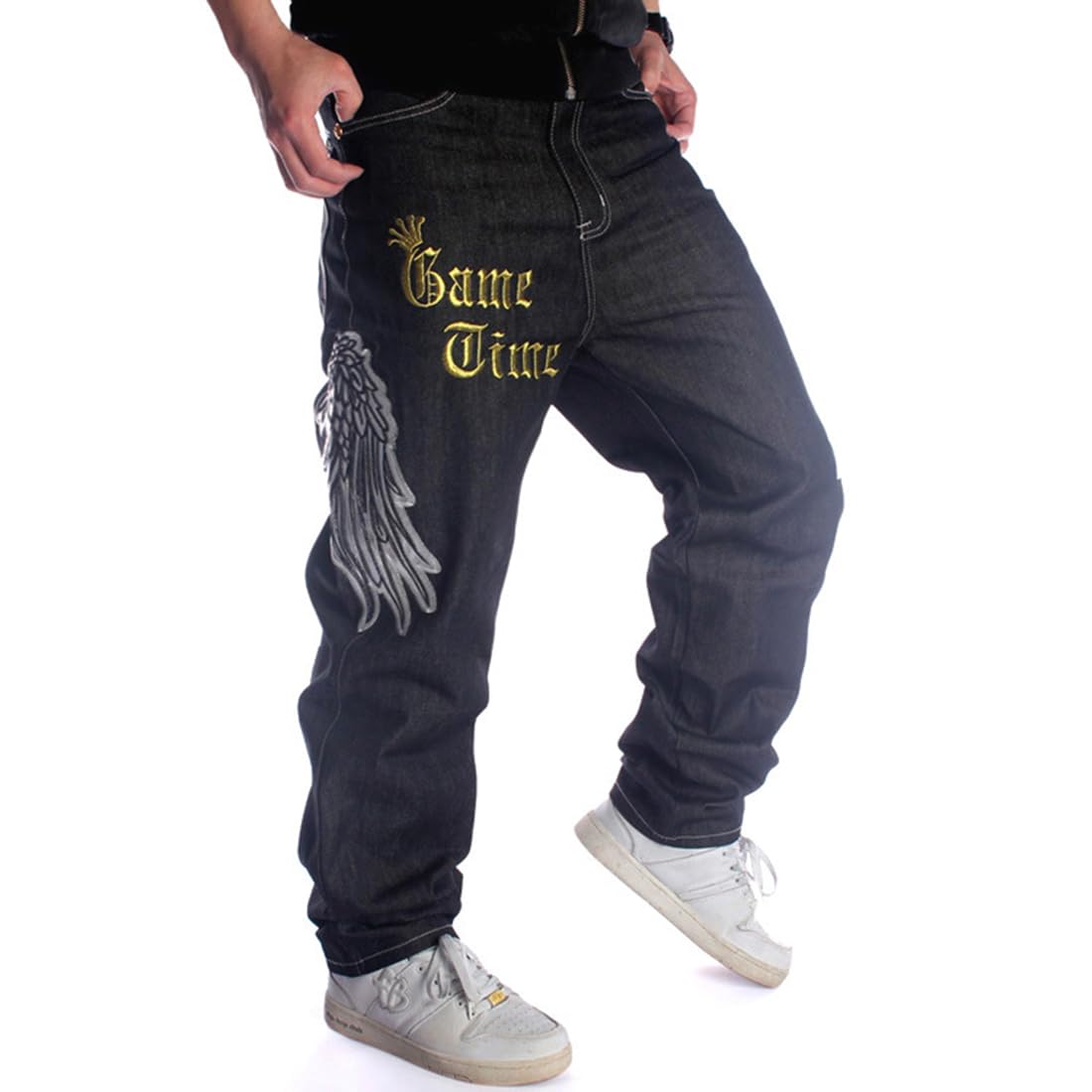Ruiatoo Mens Jeans Fashion Skateboard Pants Snake Embroidery Baggy Jeans Hip Hop Denim Black Trousers