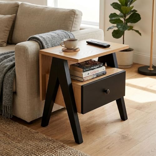 Image of FFO Modern Bedside Table with Drawer & Open Shelf, Wooden Top with Metal Frame, Compact Nightstand for Bedroom, Side Table with Storage, End Table for Living Room (45x35x40 cm, Oak Finish & Black).