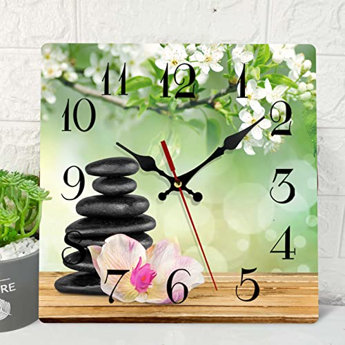 Artsocket Wooden Wall Clock Silent Non-Ticking, Stones Flower Plumeria Body Meditation Peace Relax Nature Square Wall Clocks Decor For Home Kitchen Living Room Office, Battery Operated(12 Inch) #TOP25