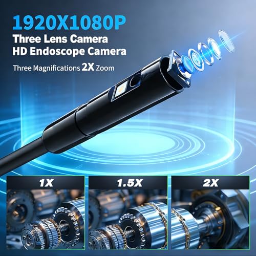 Image of Endoscope Camera with Light 1920P HD Three Lens Borescope with 8 LED Lights, IP67 Waterproof Snake Sewer Tools 5 inch Inspection Camera,16.4ft Semi-Rigid Drain Endoscope (16.4FT Three Lens-Blue)