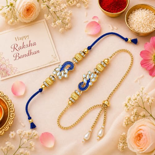 Image of Riddhika Ventures Glorious Gold Plated Religious Diamond Ring Rakhi || Traditional Rakhi Set of 2 & Festive Gift || Rakhi Gift Combo for Bhaiya Bhabhi (J1SM)