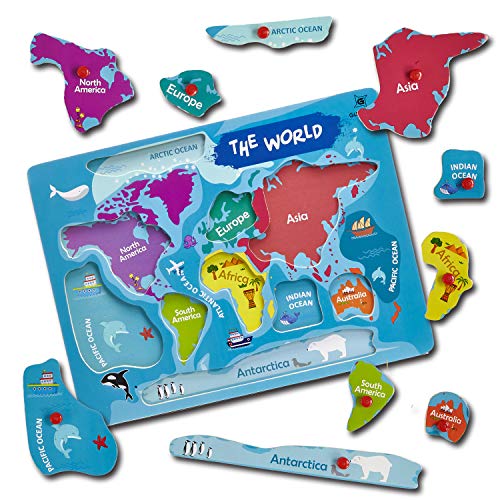 Gleeporte Wooden Peg Puzzle, World Map Theme - Learning Educational Pegged Puzzle for Toddler & Kids - 7 Continents & 4 Oceans (11 pcs)