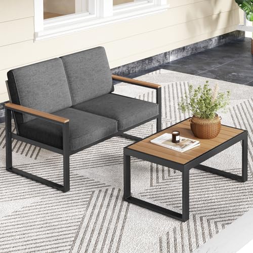 GOPLUS Conjunto de Muebles de Jardín de 2 Piezas, Sofá de 2 Plazas y Mesa Auxiliar con Tablero de Madera-Plástico, Muebles de Balcón Resistentes al Óxido, Terraza con Cojines de Tela Suaves, Gris