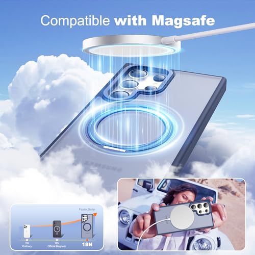 Image of Compatible with Samsung Galaxy S24 Ultra Case with 360Rotatable Magnetic Ring Stand Compatible with Mag-Safe Military Protection Matte Translucent Phone Cases for S24 Ultra 6.8 inch,Blue