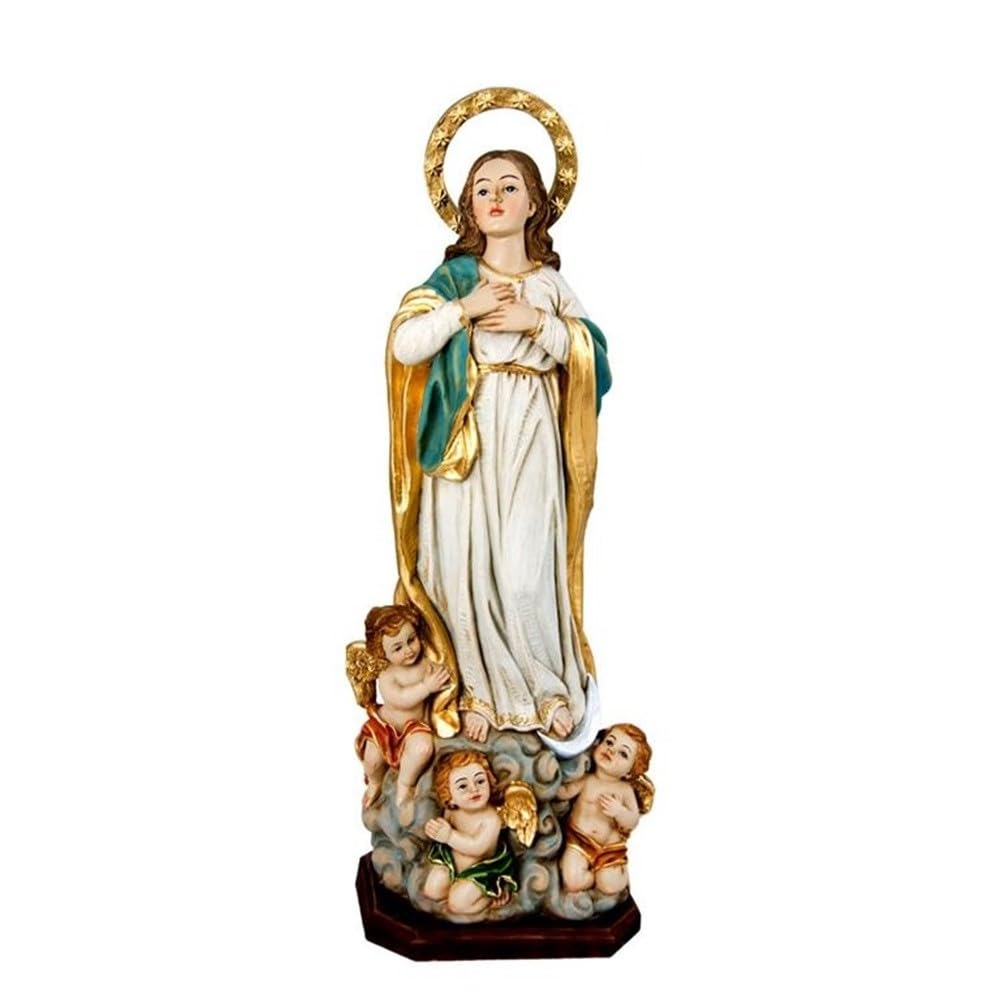 Virgen Inmaculada Figura 33 cm. Escultura ángeles peana Resina