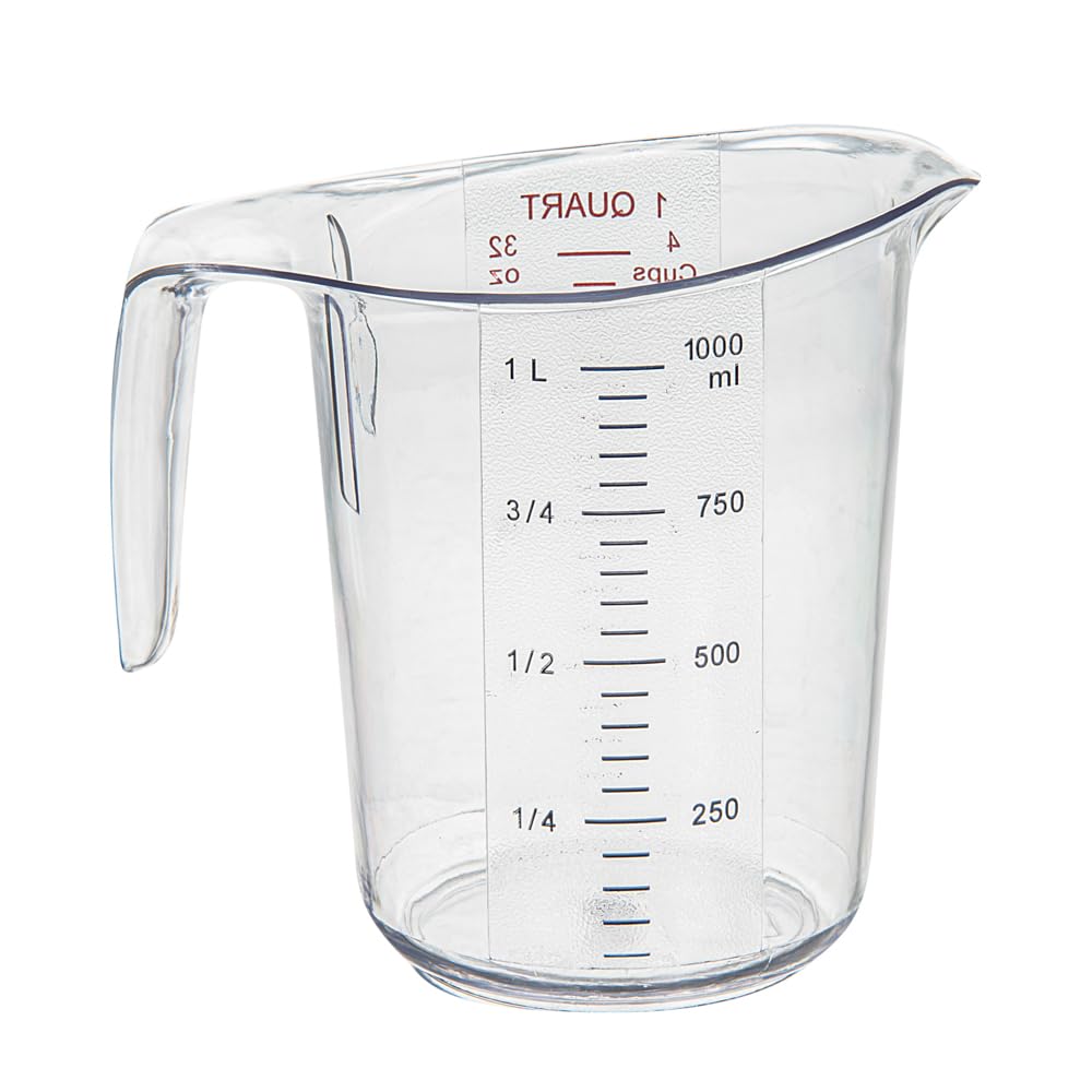 Restaurantware RW Base - Tarro medidor de 1 cuarto de galón, 1 vaso de medición duradero, unidades métricas e imperiales, boquilla en forma de V, mango de taza medidora de plástico transparente con
