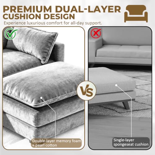 Image of 112 inch L-Shape Modular Sofa with 1 Ottomans, Deep Seat Cloud Convertible Sleeper, 3 Throw 2 Arm Pillows, Cozy Upholstered Furniture for Living Room Apartment, Dark Grey