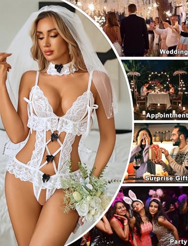 Avidlove Womens Lace Teddy Bodysuit Lingerie Set with Choker V Neck White S - image 4