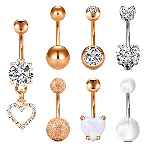 D.Bella 14G Anillos de Ombligo para Mujer Cuelga la Barra del Vientre en Forma de Corazón Acero Inoxidable Barra Curvada Anillo del Ombligo Piercing de Joyería 7 Piezas Cover