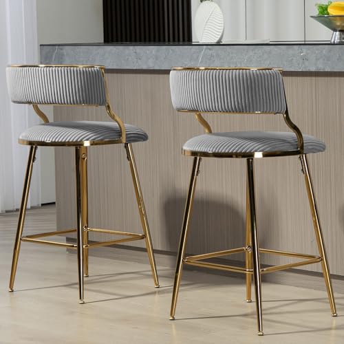 Butacos de Terciopelo Modernos para Isla de Cocina, Set de 2 Sillas Tapizadas con Espaldar y Patas Doradas, Color Gris, para Bar, Pub o Club miniatura 5