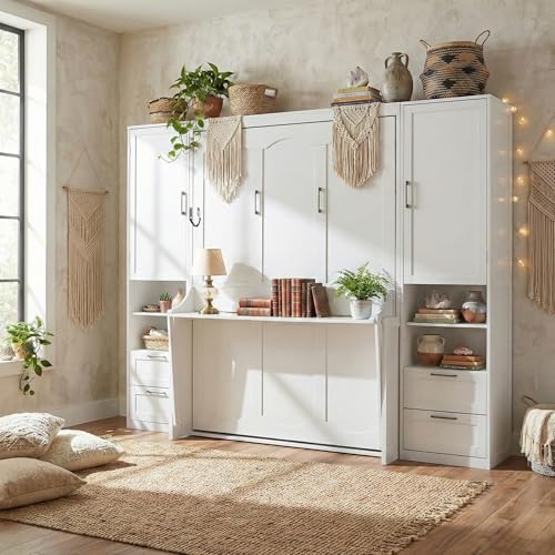Image of Merax Queen Size Murphy Bed with Desk, Multifunctional Foldable Wall Bed with Closet, Drawers and Shelves, Space-Saving Wood Platform Bed Frame for Small Spaces Studio Study Office Guest Room, White