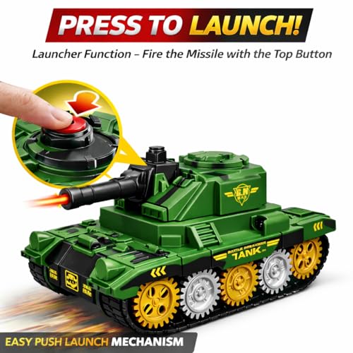 Image of TEC TAVAKKAL Battle Breakers Toy Military Tank for Kids with Mini Tank Launcher, 360 Rotating Turret & Adjustable Cannon | Action Battle Toy Vehicle with Moving Wheels for Kids (Green)