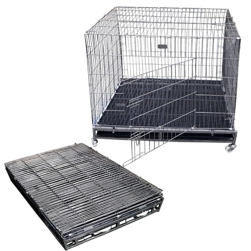 Image of Petarchi Heavy Duty 49 Inch Dog Crate Cage with Wheels & Divider | Foldable Metal Dog Kennel for Medium & Large Dogs | Double Door Locking Crate | Portable Dog Cage with Tray (49X36.5X53 in, Black)