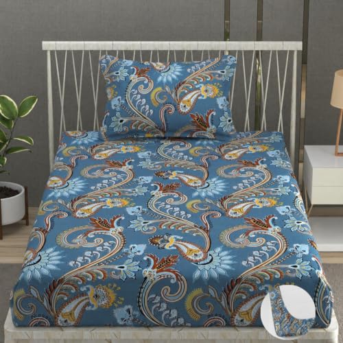Image of Vram Premium Heavy Cotton Elastic Fitted Bedsheets with 1 King Size Pillow Covers || Single Bed with All Around Elastic 350 TC || 36 x 78 x 6 Inch Single Size Fitted || :- Blue Jaipuri