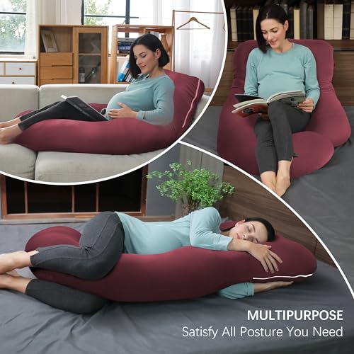 Image of MOON PARK Pregnancy Pillows for Sleeping - U Shaped Full Body Maternity Pillow with Removable Cover - Support for Back, Legs, Belly, Hips - 57 Inch - Burgundy - Cooling Cover