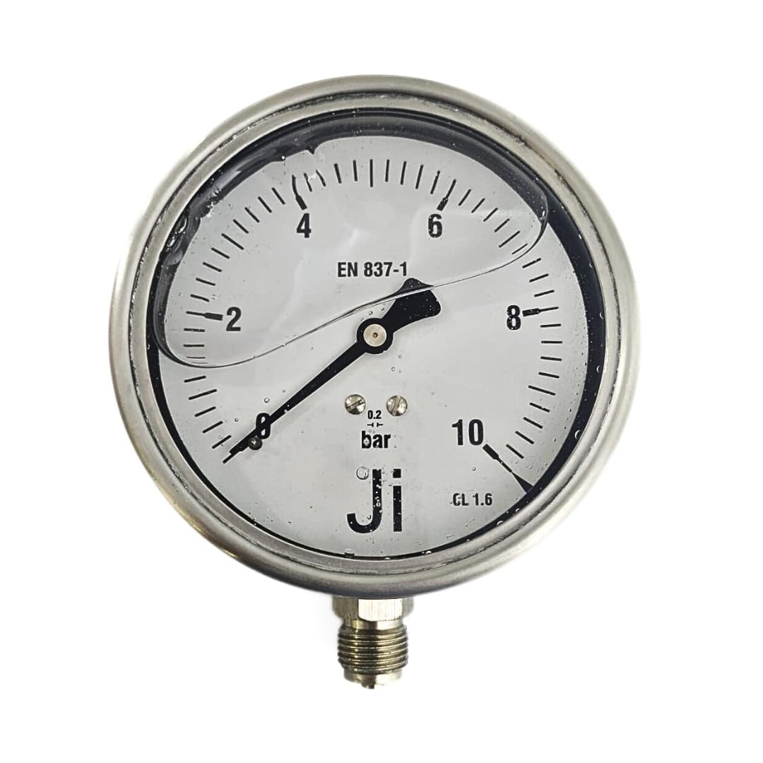 "Ji" Japsin Instrumentation Economical Glycerin Filled Pressure Gauge, 4" (100 mm) Dial, Range 0 to 10 Bar (Single Scale), Direct Mounting Bottom Entry, 3/8" BSP (M) Connection, SS Body-image-42