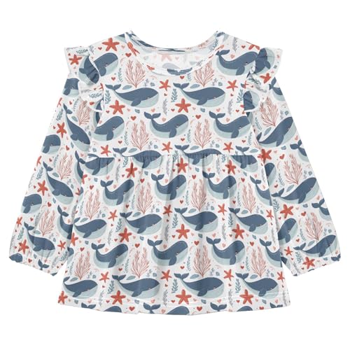 Cute Dolphin Starfish R Girls Shirts Cotton Long Sleeve Ruffle Toddler Tee Tops