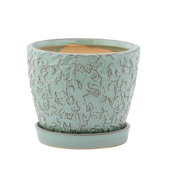 Napco Imports Decorative Home or Garden 4 x 4.5 Inch Indoor or Outdoor Flower Holder Pot with Saucer Teal Blue Embossed Floral