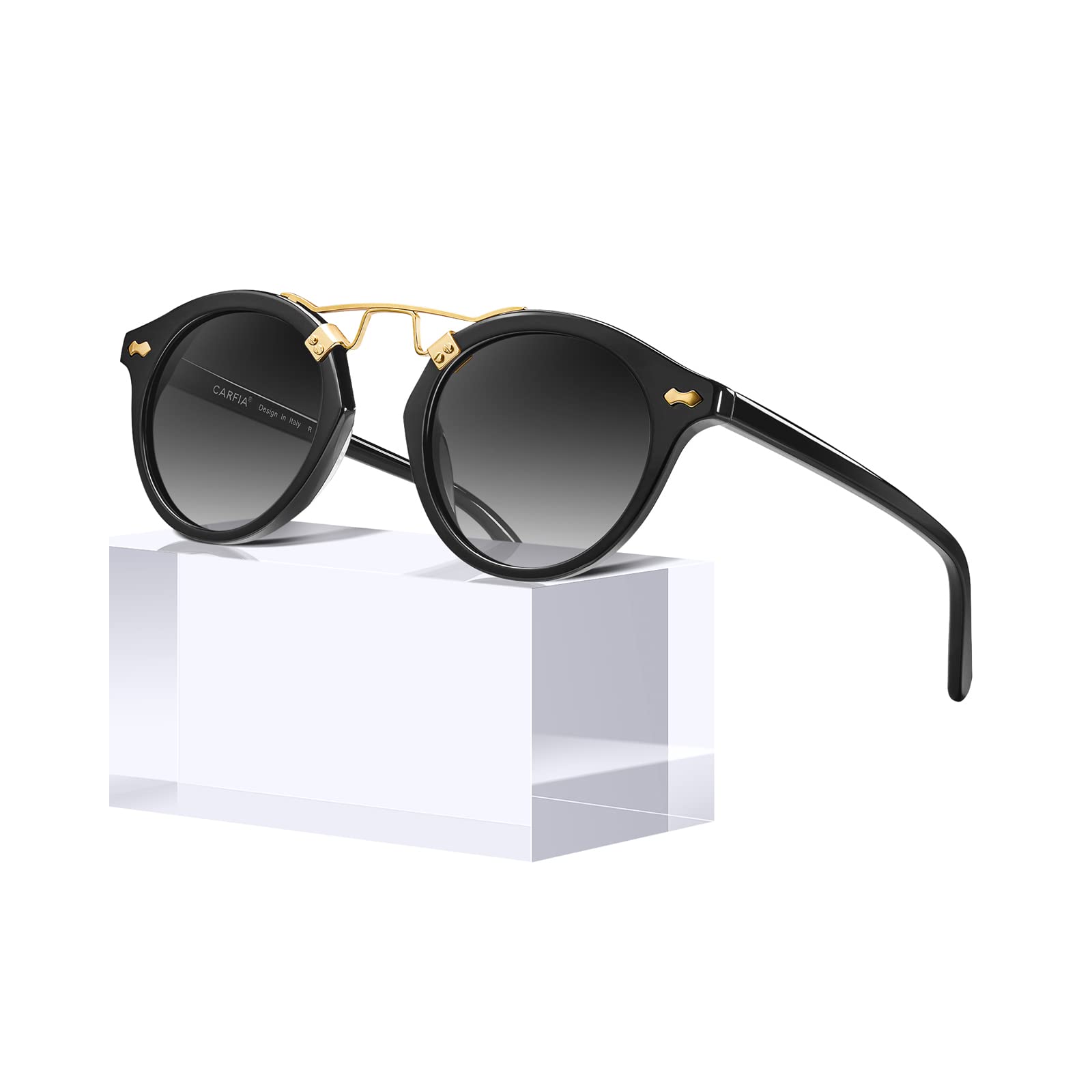 CARFIADouble Bridge Small Acetate Sunglasses for Women Polarized, Retro Metal Brow Ladies Sunnies Fashion Round Eyewears