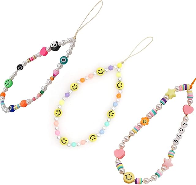 VCCKNB JEWELRY Bead Phone Chain Phone Straps Y2k Style Colorful Beaded Phone Charm Smiley Face Evil Eye Yingyang Love Heart Star Beaded Kawaii Phone Lanyard Wrist Strap
