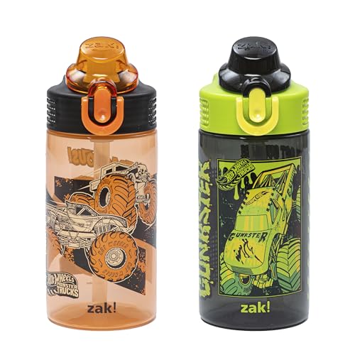 Zak Designs Hot Wheels Sage Kids Water Bottle For School or Travel 16oz Durable Plastic Water Bottle With Straw Handle and Leak-Proof Pop-Up Spout Cover 2-Pack Set (Monster Trucks)