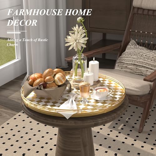 Image of Premium Rubber Wood Lazy Susan Turntable, Glod White Checkerboard Decorative Serving Tray, Hand-Welded Metal Railing, Stable Rotating Organizer for Dining Table, Kitchen Counter, Coffee Table Decor