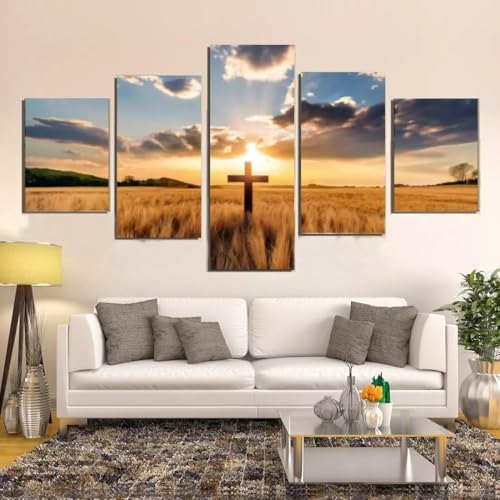 Tableau peinture coucher de soleil impression sur toile déco murale 5 panneaux