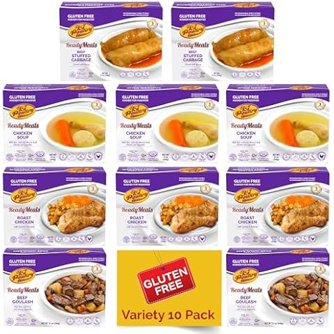 KJ Poultry Kosher for Passover Gluten Free Meals, Matzo Ball Chicken Soup + Beef Goulash + Roast Chicken + Stuffed Cabbage (10 Pack Variety) Prepared Entree Fully Cooked, Shelf Stable Microwave Dinner Cover