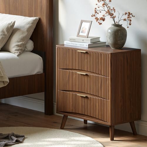Image of Evermagin 31.5 inch W Oversized Fluted Nightstand with 3 Drawers | Mid Century Modern 3 Drawer Night Stand, Wood Dresser for Bedroom, Large Bedside Table with Storage, Walnut