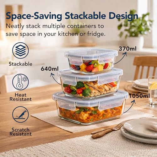 Image of Essentia Glass Lunch Box Borosilicate Container with Leakproof 4-Way Lock Lid, Removable Silicone Gasket, Anti-Slip Sleeve - Microwave & Freeze Safe, Dishwasher Safe (1050ML)