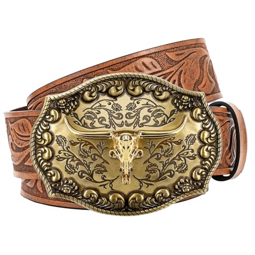 JASGOOD Western Leather Cowboy Belt for Men Women Longhorn Buckle Cowgirl Belt Floral Engraved Embossed Unisex Belt for Jeans