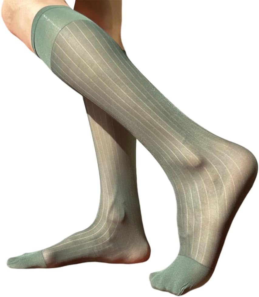Mens Nylon Sheer Suit Socks Business Dress Socks Elastic Wide Stripe See Through Formal Dress Over the Calf
