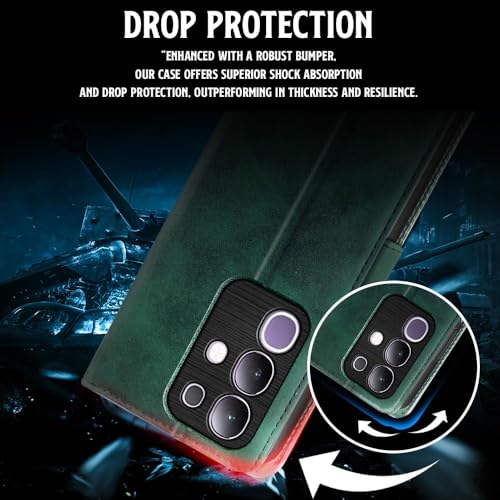 Image of WOW IMAGINE Shock Proof Flip Cover Back Case for Vivo T4x 5G | iQoo Z10x 5G | Vivo Y31 Pro 5G (Magnetic Button Flip Case | Wallet Pockets & Stand | Leather Finish | Forest Green)