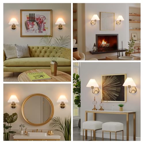 Image of Brushed Brass Wall Sconces Sets of 2 With White Pleated lampshade, Indoor Gooseneck Gold Wall Lamp Lighting, Bathroom Dresser Hardwired sconces wall decor Fixture for Living Room Bedroom Dining Room