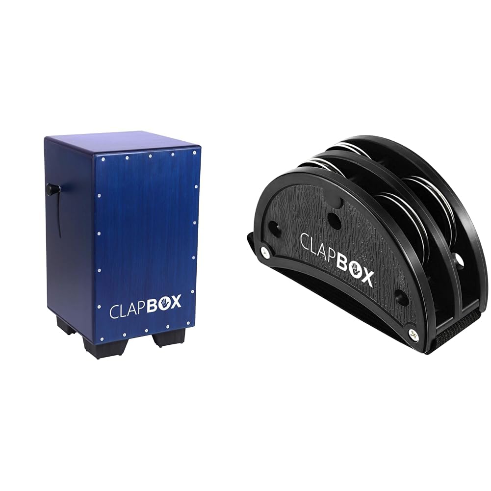 Clapbox Adjustable Snare Cajon CB40- Blue, Birch Wood (H:50 W:30 L:30) - 3 Internal Snares & Clapbox Foot Tambourine - Jingles, Black