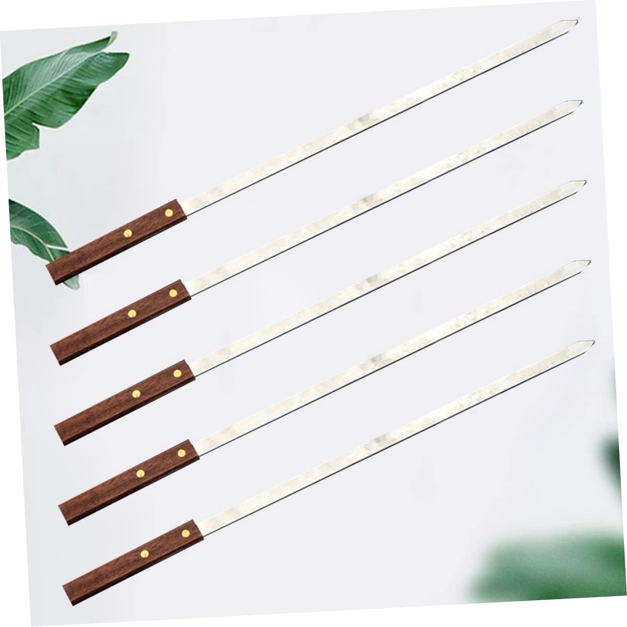Brochetas de Barbacoa Planas 5 Unidades, Acero Inoxidable | Mango de Madera Marrón, Diseño Largo Reutilizable, para Carne y Uso Exterior