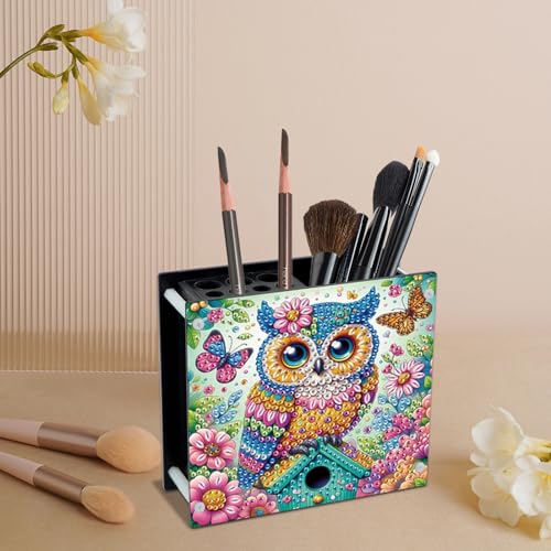 Image of DIY 5D Diamond Painting Pen Holder - Cute Wise Owl Diamond Art Painting Pen Holder, Decorative Pencil Organizer