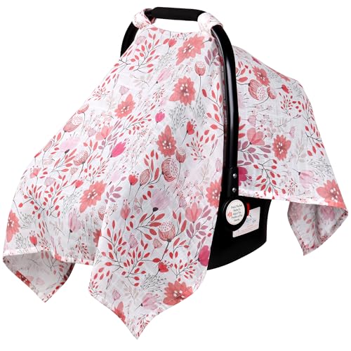 Image of Rquite Muslin Car Seat Cover Baby, Carseat Covers Baby Girl Boy, Breathable Lightweight Infant Car Seat Cover, Baby Carrier Cover Car Seat Canopy Stroller Sun Shade for Summer & Hot Day, Universal Fit