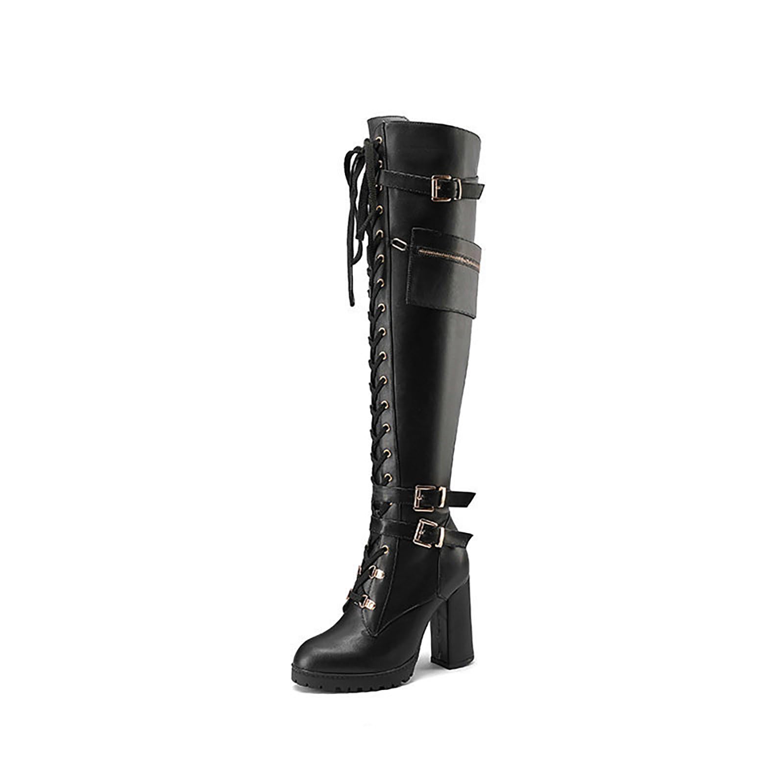 Womens Boots Chunky Block Platform High Heel Boots Winter Retro PU Leather Biker Military Goth Punk Over The