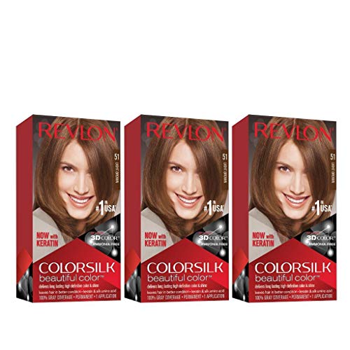Revlon Colorsilk Beautiful Color, Permanent Hair Dye with Keratin, 100% Gray Coverage, Ammonia Free, 51 Light Brown (Pack of 3)