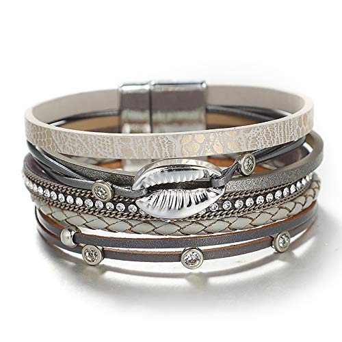 UEUC - Pulsera de piel multicapa, boho ancho, impermeable, trenzada, para mujeres