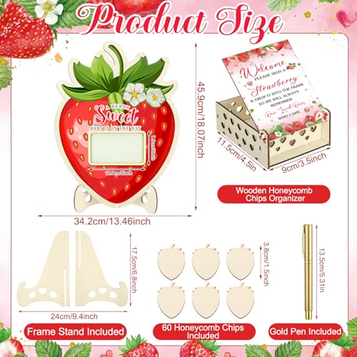Image of Wenqik 63 Pcs Strawberry Baby Shower Guest Book Alternatives Set Baby Shower Decorations with Photo Frame Sonogram Frame Keepsake 60 Wood Slices Guest Book for Birthday