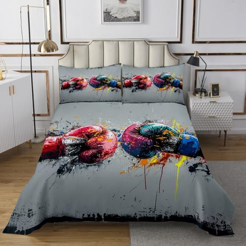 Erosebridal Boxing Bedding Sets for Kids Boys - Watercolor Boxing Gloves Quilt Set, Cool Sports Competitive Fighting Coverlet Set - 3Pcs Queen Size Quilts with 2 Pillow Cases