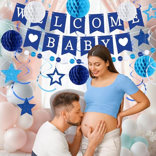 Image of WinnerWhy 25 Pcs Baby Shower Decorations for Boy, Blue Welcome Baby Banner with Glitter Stars, Hanging Swirls, Honeycomb Balls, Circle Dots Garland Boy Blue Decorations for Gender Reveal Party Decor