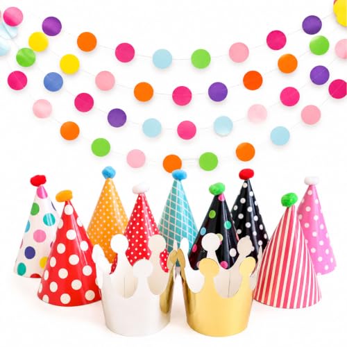 Decoración de fiesta de puntos circulares de papel cosido y once sombreros de cumpleaños elásticos