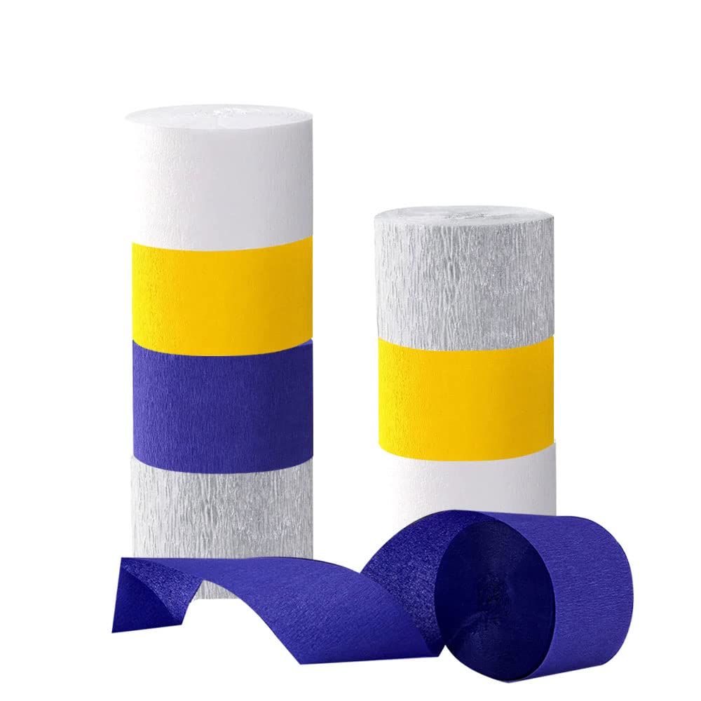 IGUO 8 Rolls Yellow Blue White Silver,Crepe Paper Streamers,Grad Party Supplies Decorations 82-Feet Paper Tassels for School Celebration Birthday Baby
