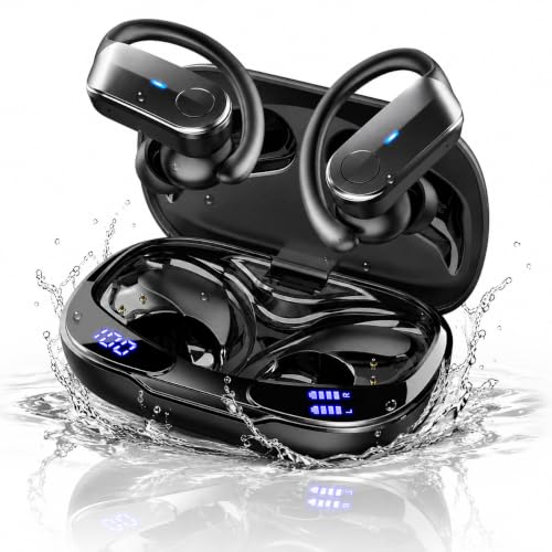 Image of Ordtop Sport Wireless Earbuds with Earhooks, 70H Playtime, IPX8 Waterproof | Bluetooth 5.4, 4 ENC Microphones, Deep Bass Sound, LED Display, USB-C Fast Charging, Secure Fit For Running, Gym And Workouts